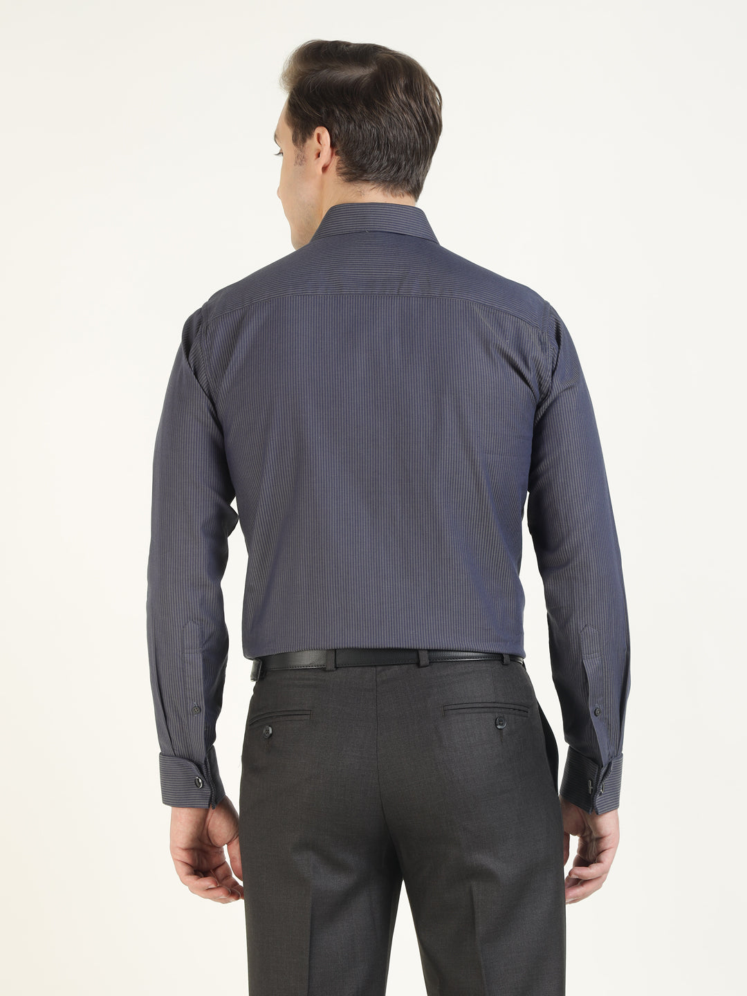 Men Navy Blue & Grey Striped Pure Cotton Slim Fit Formal Shirt