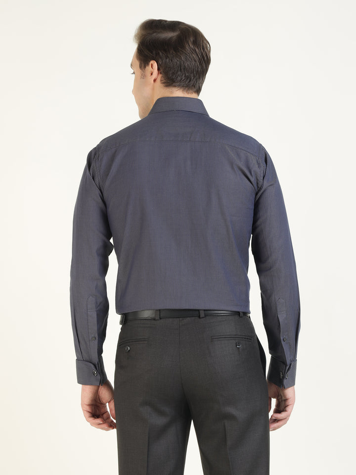 Men Navy Blue & Grey Striped Pure Cotton Slim Fit Formal Shirt