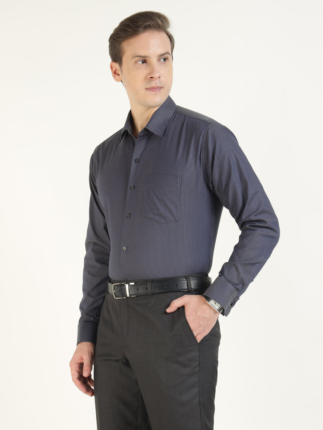 Men Navy Blue & Grey Striped Pure Cotton Slim Fit Formal Shirt