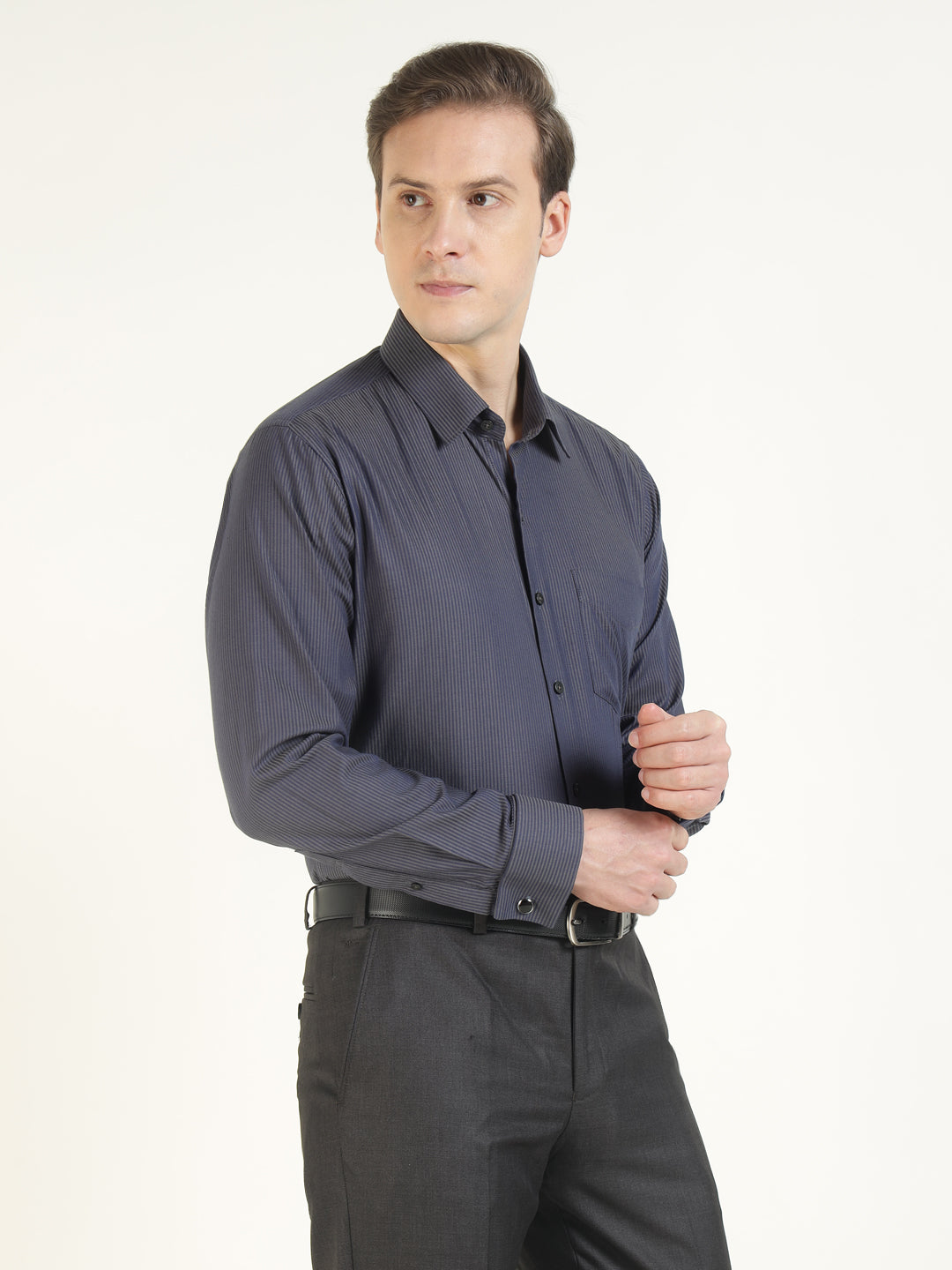 Men Navy Blue & Grey Striped Pure Cotton Slim Fit Formal Shirt