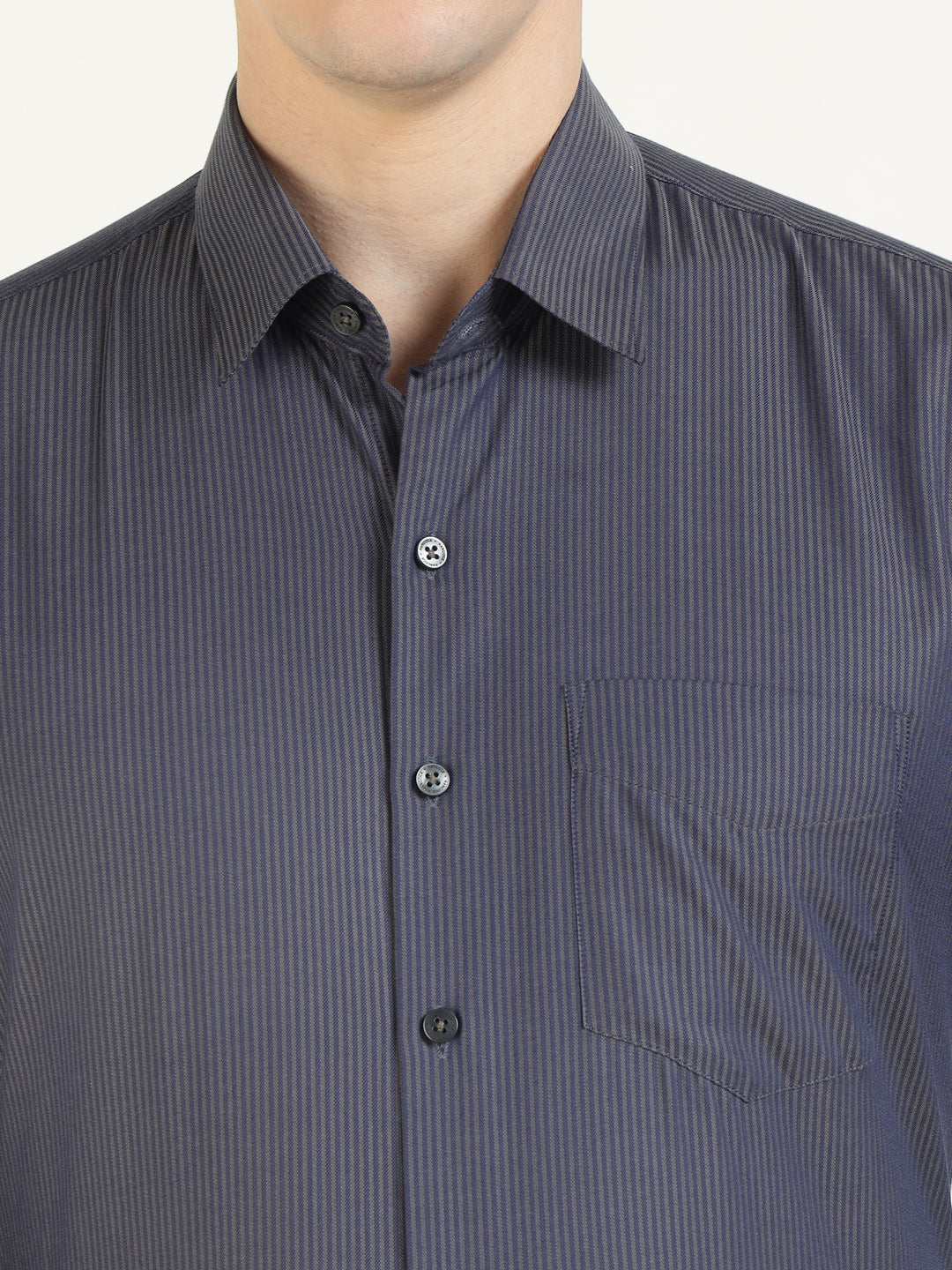 Men Navy Blue & Grey Striped Pure Cotton Slim Fit Formal Shirt