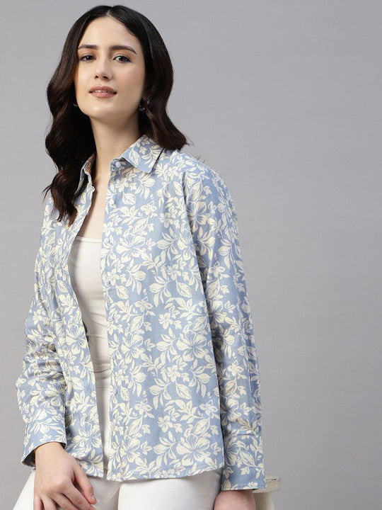 Women Bluish Grey & Cream Printed Linen Blend Relaxed Fit Casual Shirt