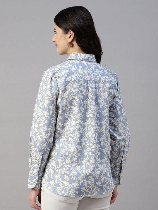 Women Bluish Grey & Cream Printed Linen Blend Relaxed Fit Casual Shirt