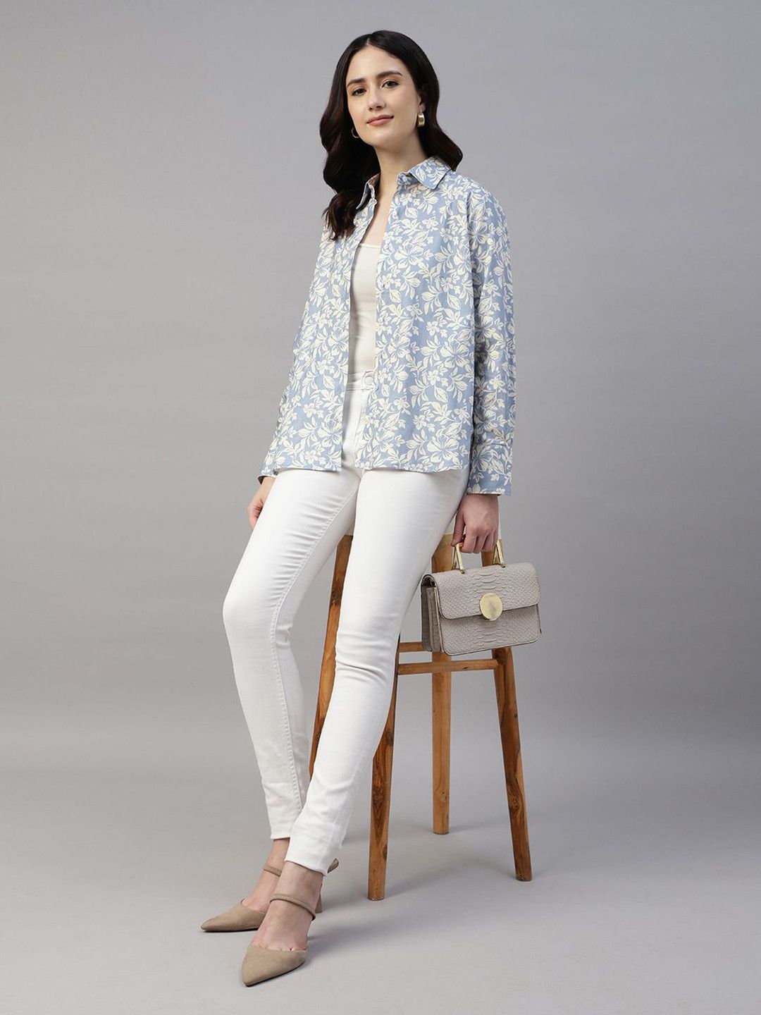 Women Bluish Grey & Cream Printed Linen Blend Relaxed Fit Casual Shirt