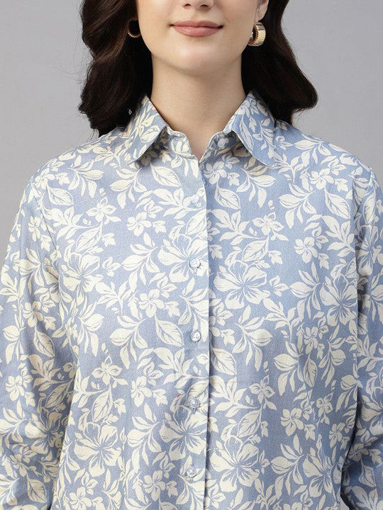 Women Bluish Grey & Cream Printed Linen Blend Relaxed Fit Casual Shirt