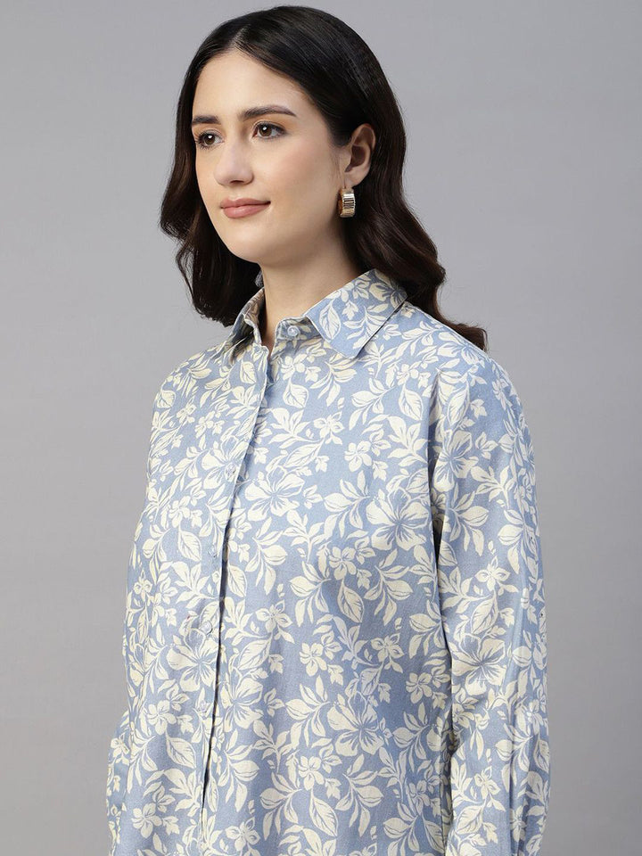 Women Bluish Grey & Cream Printed Linen Blend Relaxed Fit Casual Shirt
