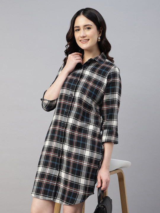 Hancock Women Beige & Black Checked Pure Cotton Regular Fit Casual Dress