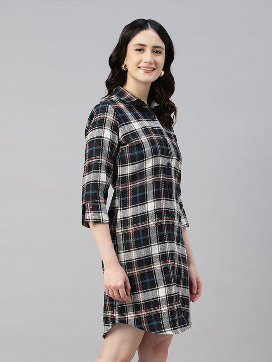 Hancock Women Beige & Black Checked Pure Cotton Regular Fit Casual Dress