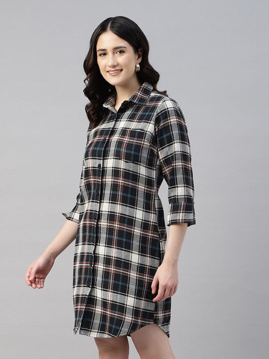 Hancock Women Beige & Black Checked Pure Cotton Regular Fit Casual Dress