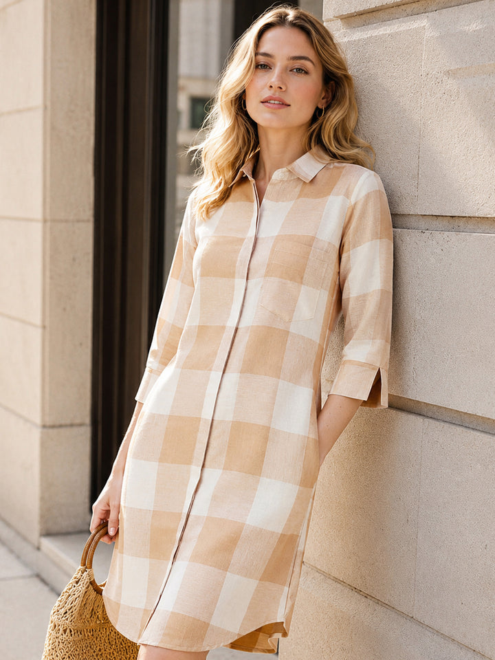 Women Beige Check Linen Cotton Regular Fit Formal Dress