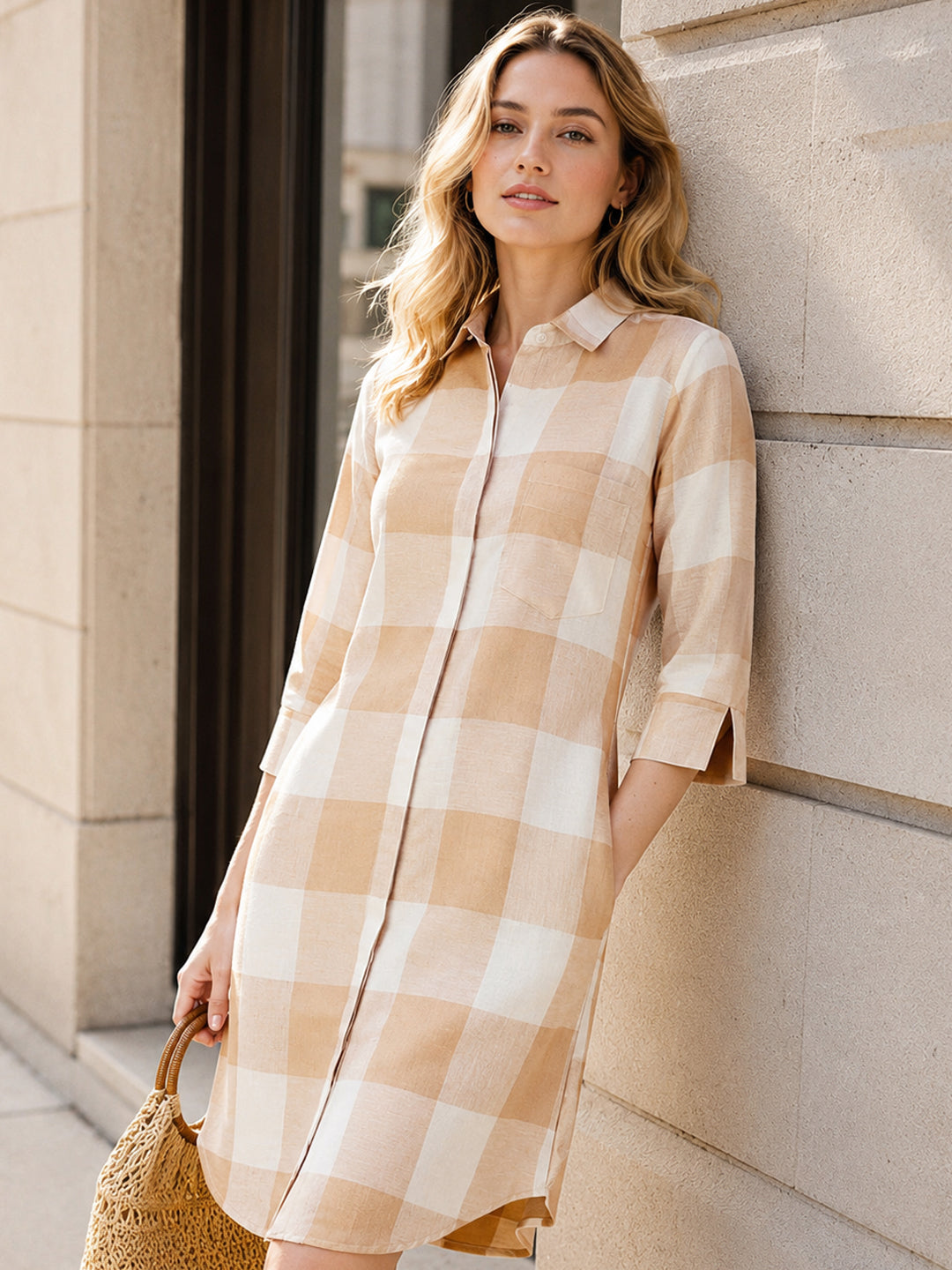 Hancock Women Beige Check Linen Cotton Regular Fit Formal Dress