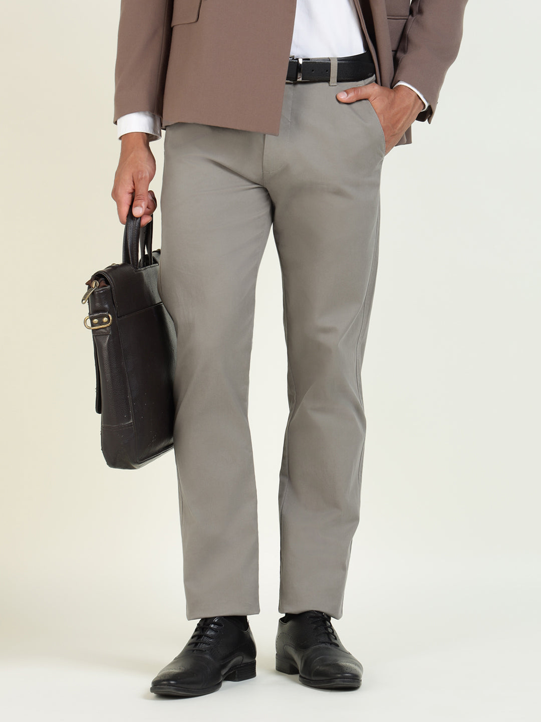 Men Grey Solid Cotton Elastene Slim Fit Formal Trouser