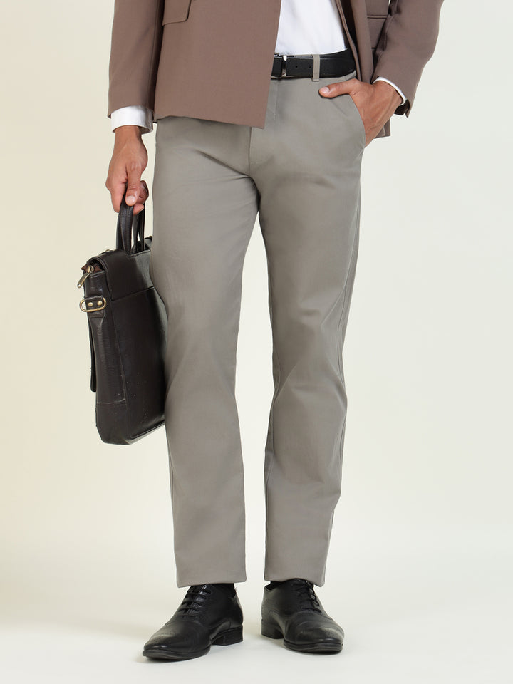 Men Grey Solid Cotton Elastene Slim Fit Formal Trouser