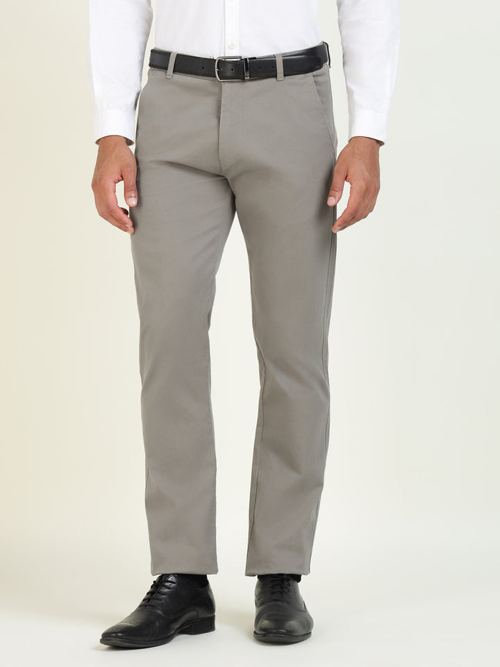 Men Grey Solid Cotton Elastene Slim Fit Formal Trouser