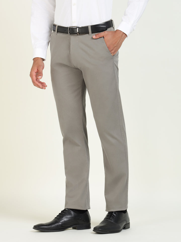 Men Grey Solid Cotton Elastene Slim Fit Formal Trouser