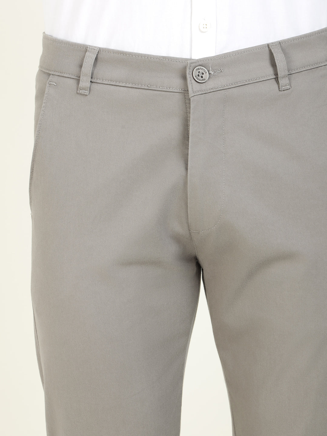 Men Grey Solid Cotton Elastene Slim Fit Formal Trouser