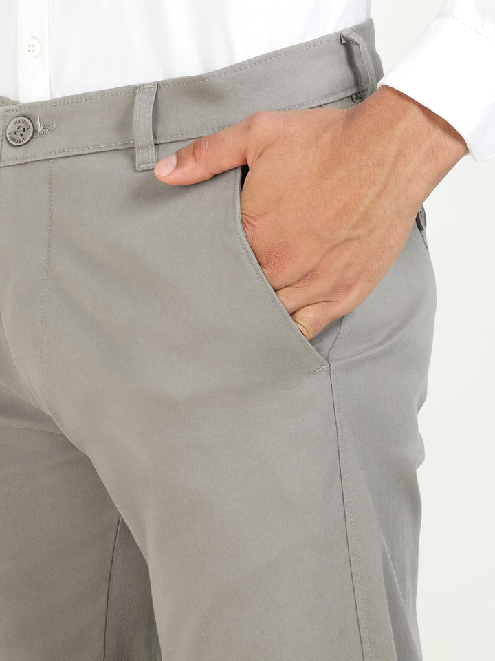 Men Grey Solid Cotton Elastene Slim Fit Formal Trouser