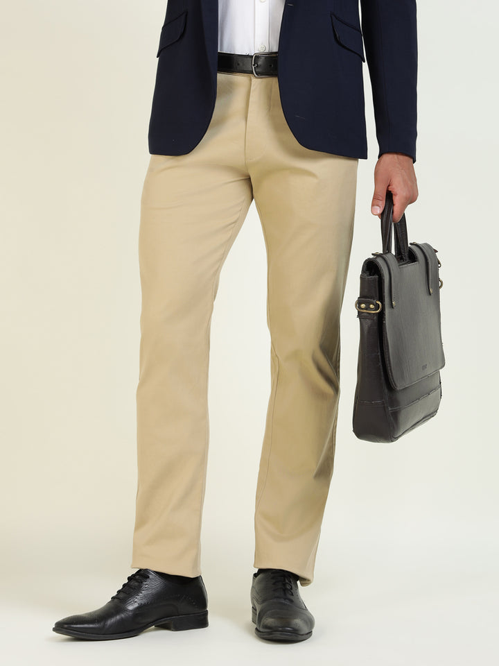 Men Khaki Solid Cotton Elastane Slim Fit Formal Trouser