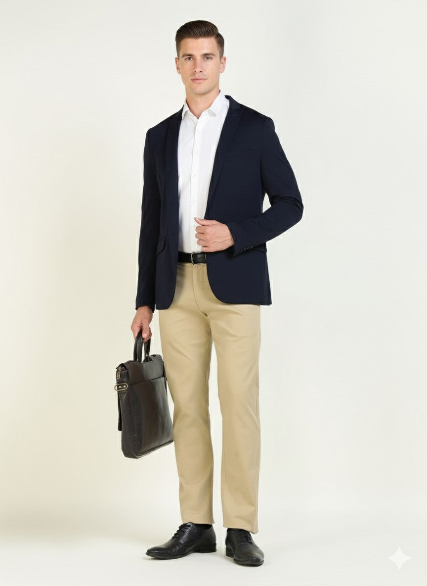 Men Khaki Solid Cotton Elastane Slim Fit Formal Trouser