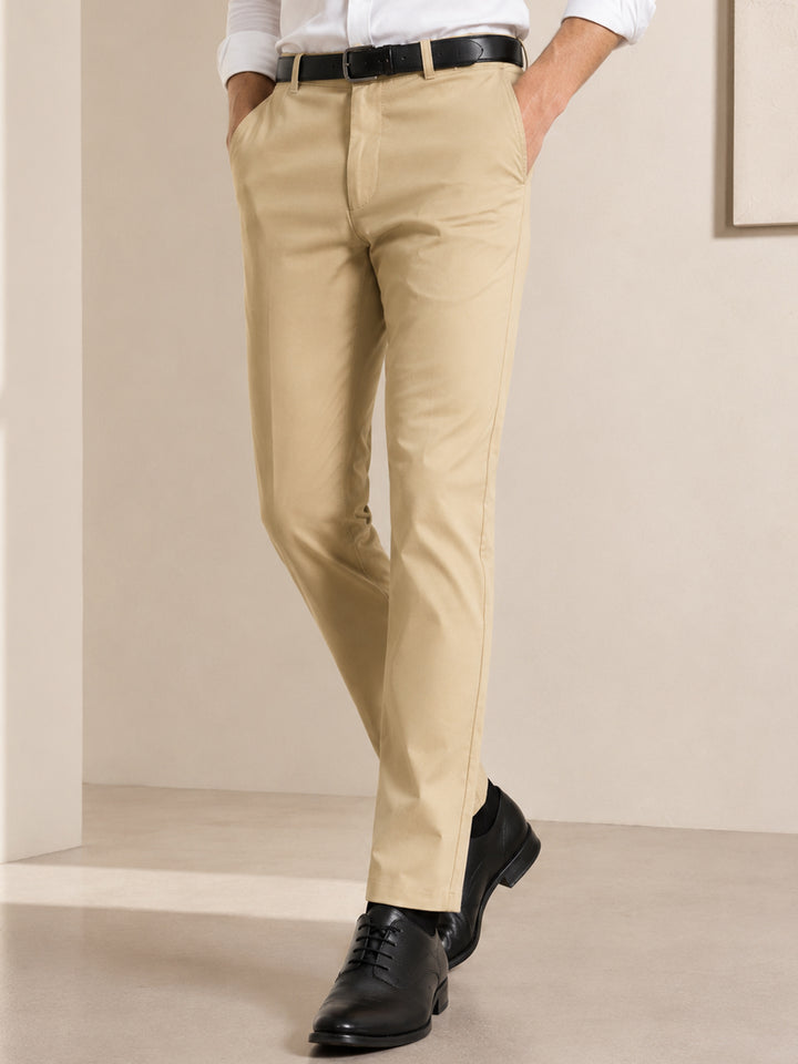 Men Khaki Solid Cotton Elastane Slim Fit Formal Trouser
