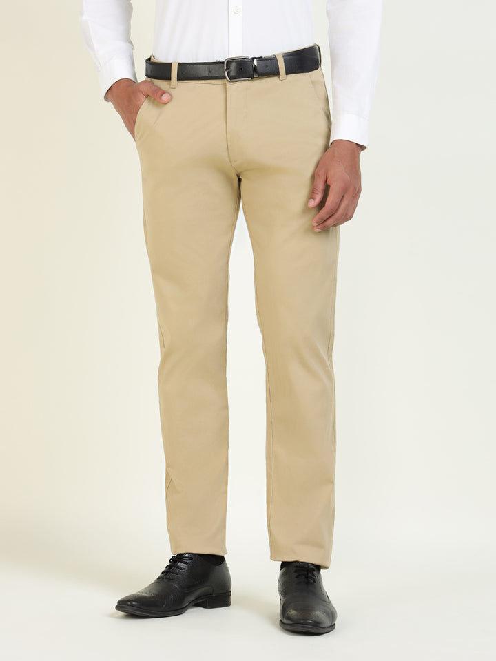 Men Khaki Solid Cotton Elastane Slim Fit Formal Trouser