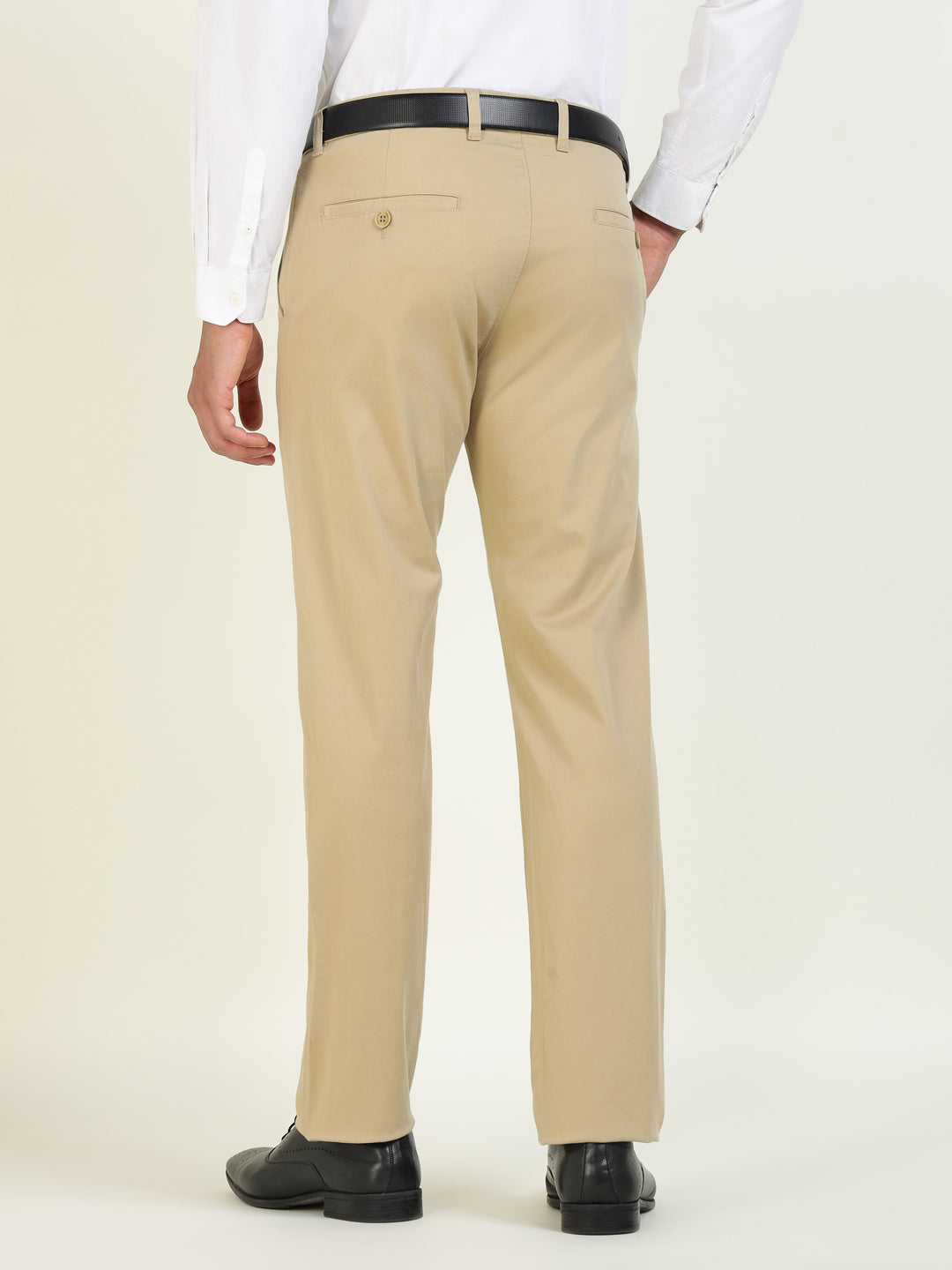Men Khaki Solid Cotton Elastane Slim Fit Formal Trouser