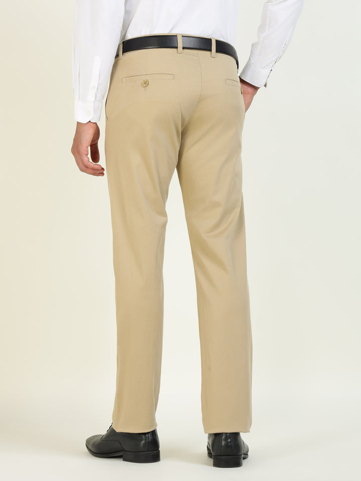 Men Khaki Solid Cotton Elastane Slim Fit Formal Trouser