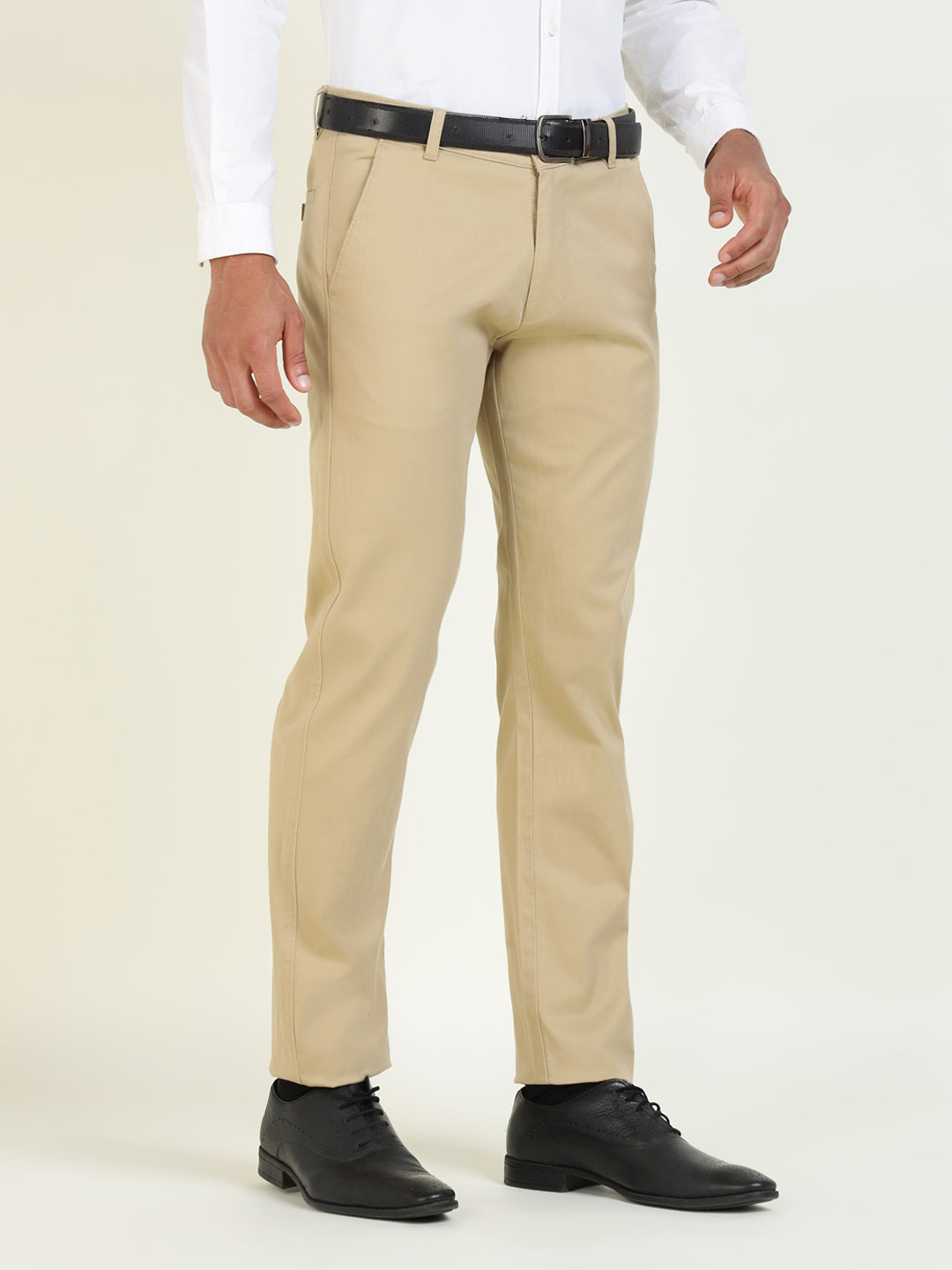 Men Khaki Solid Cotton Elastane Slim Fit Formal Trouser