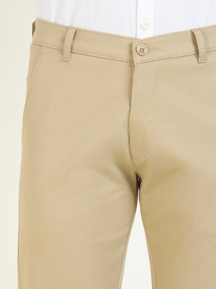Men Khaki Solid Cotton Elastane Slim Fit Formal Trouser