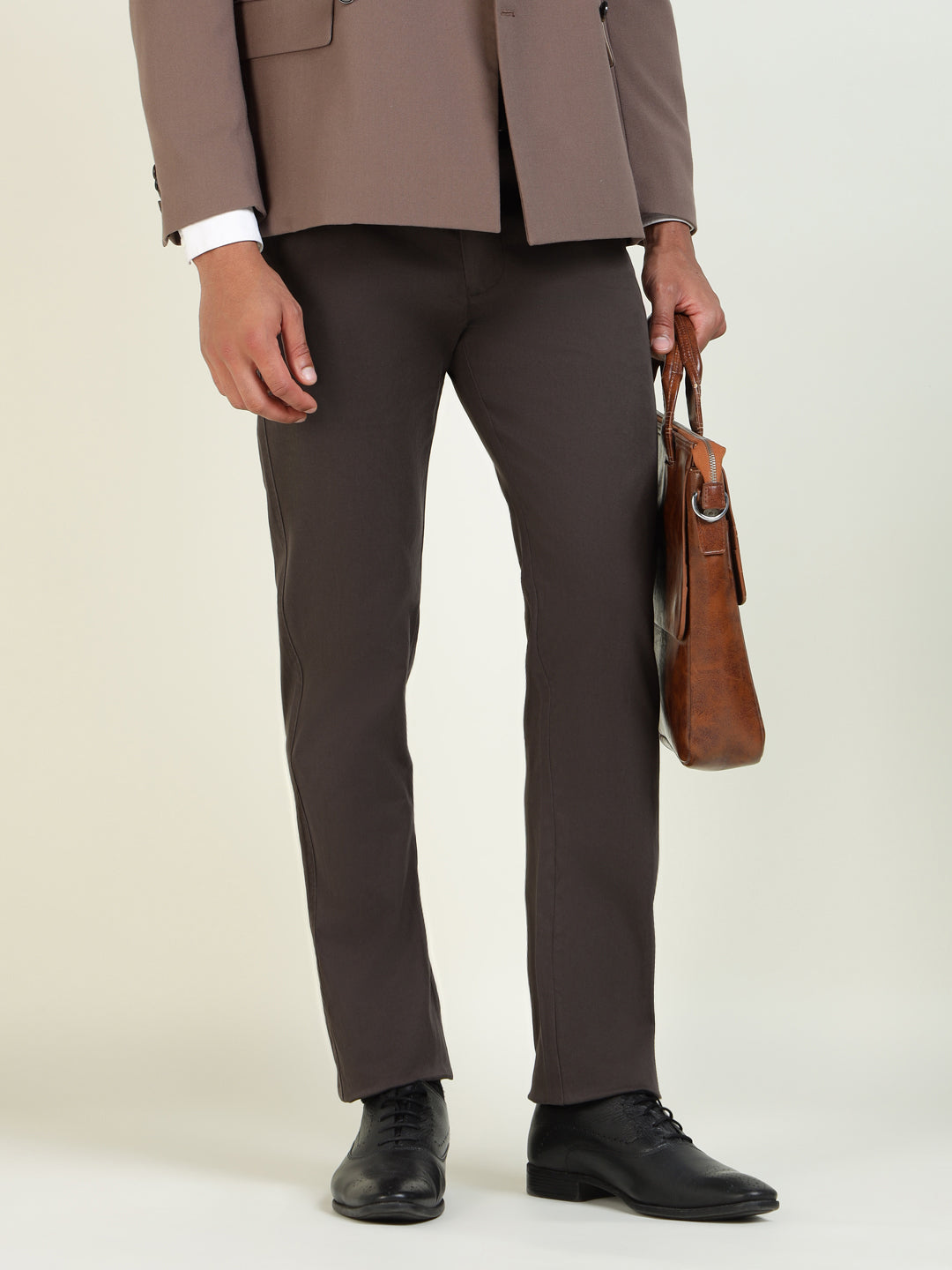 Men Coffee Solid Cotton Elastene Slim Fit Formal Trouser