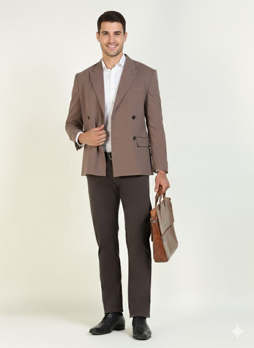 Men Coffee Solid Cotton Elastene Slim Fit Formal Trouser