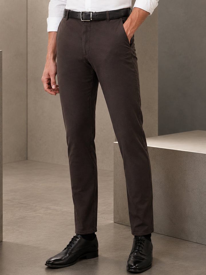 Men Coffee Solid Cotton Elastene Slim Fit Formal Trouser