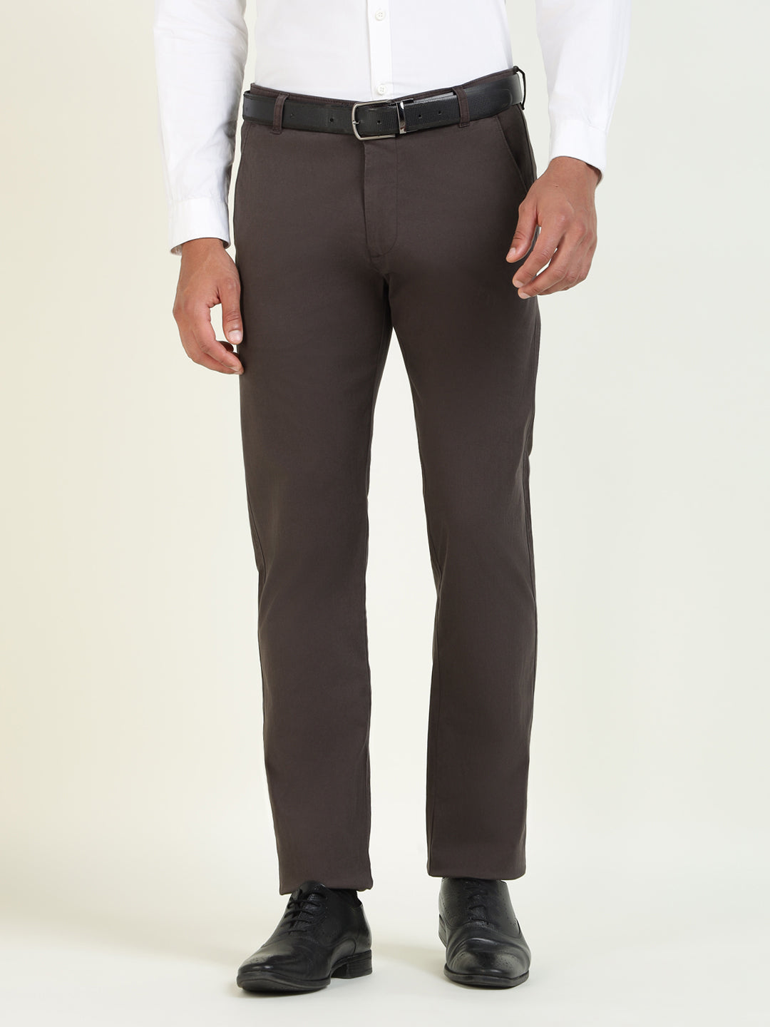 Men Coffee Solid Cotton Elastene Slim Fit Formal Trouser