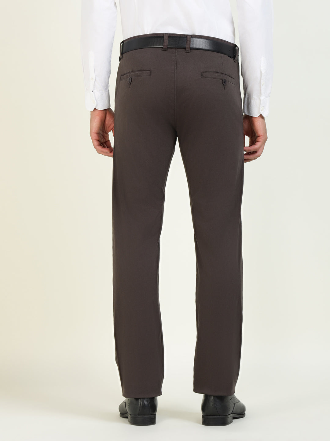Men Coffee Solid Cotton Elastene Slim Fit Formal Trouser
