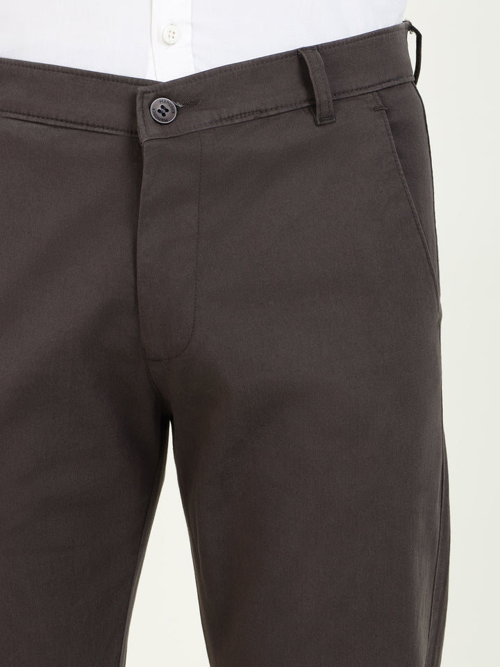 Men Coffee Solid Cotton Elastene Slim Fit Formal Trouser