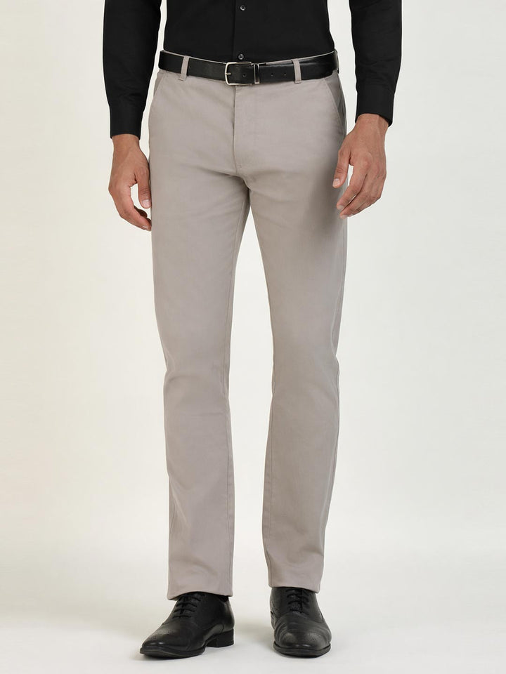 Men Greige Grey Solid Cotton Elastane Slim Fit Formal Trouser