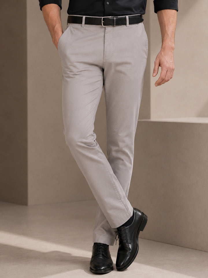 Men Greige Grey Solid Cotton Elastane Slim Fit Formal Trouser