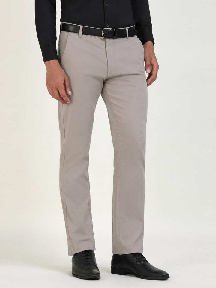Men Greige Grey Solid Cotton Elastane Slim Fit Formal Trouser