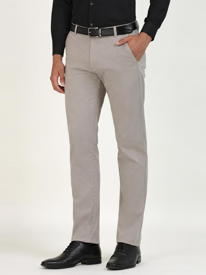 Men Greige Grey Solid Cotton Elastane Slim Fit Formal Trouser