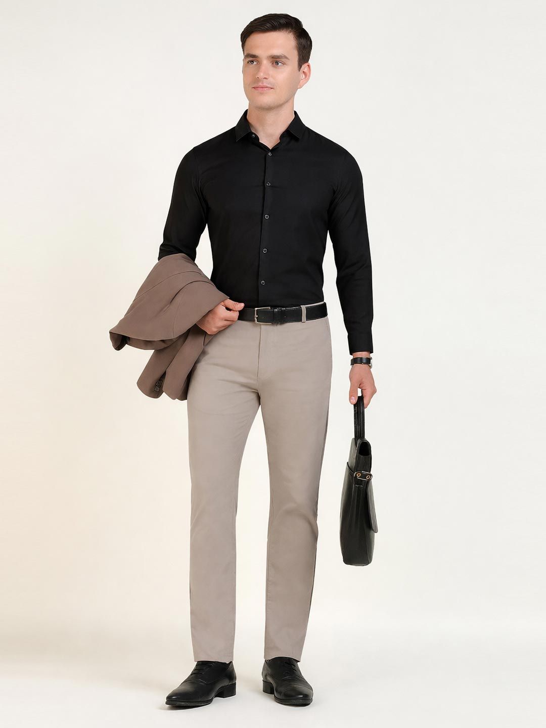 Men Greige Grey Solid Cotton Elastane Slim Fit Formal Trouser