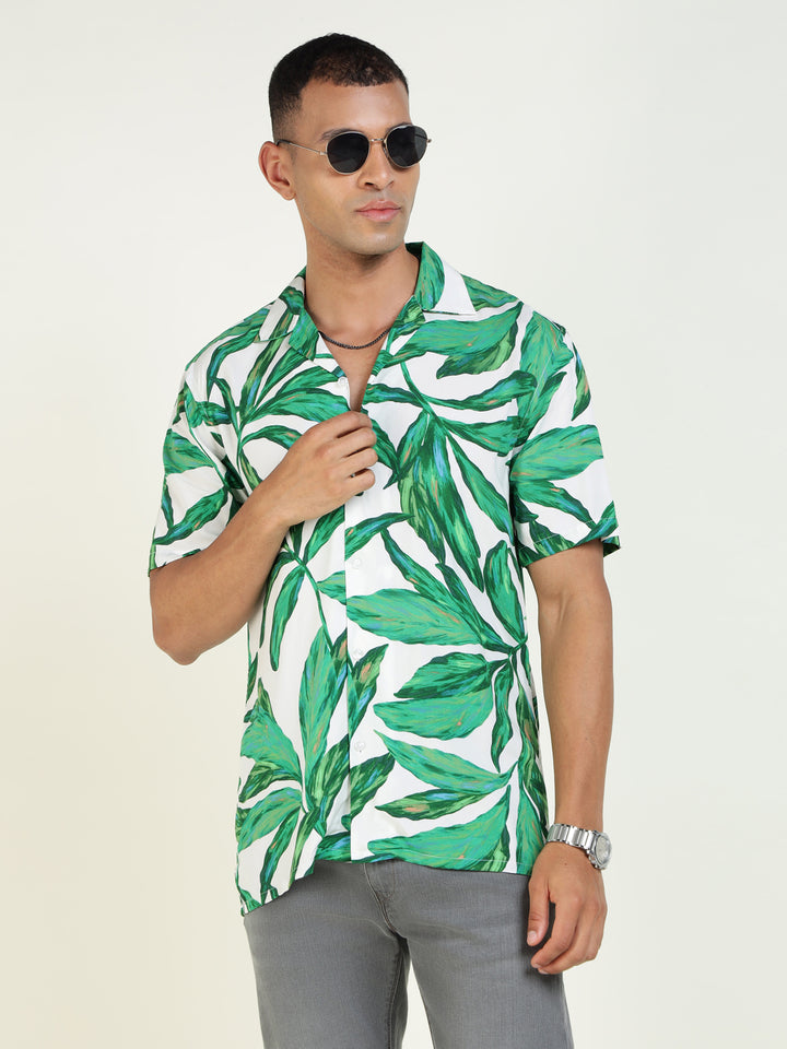 Hancock Men White & Green Printed Viscose Rayon Relaxed Fit Casual Shirt
