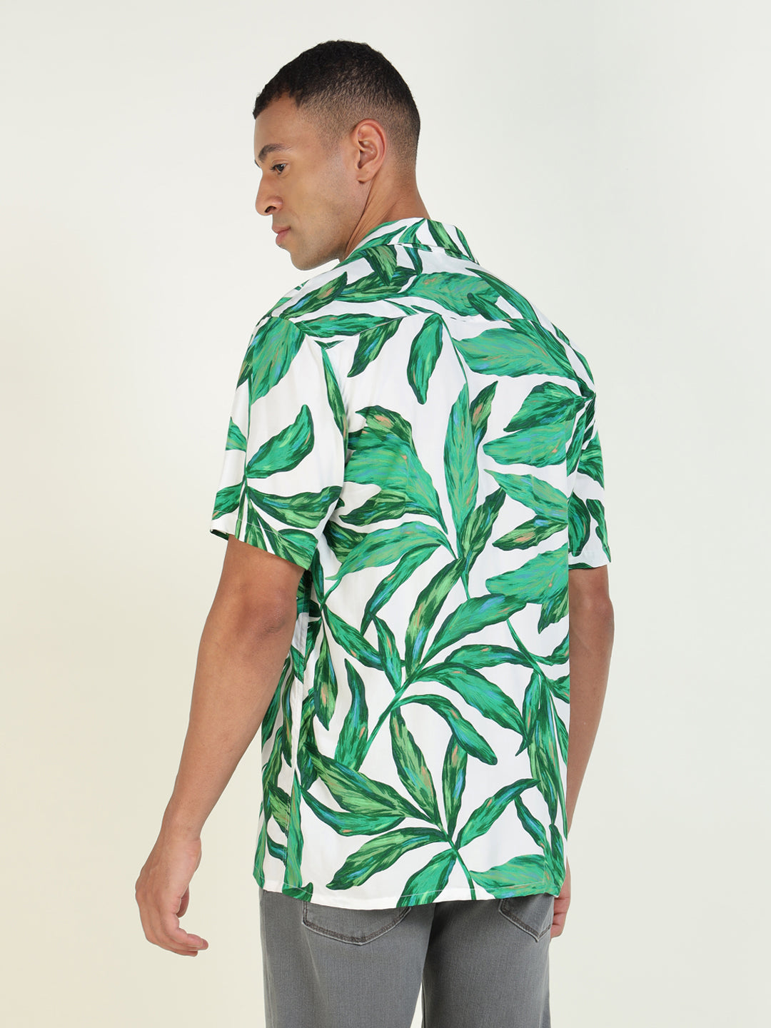 Hancock Men White & Green Printed Viscose Rayon Relaxed Fit Casual Shirt