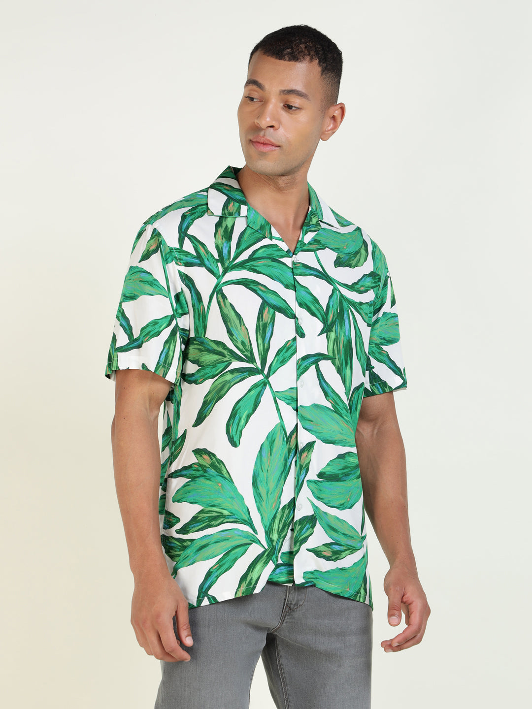 Hancock Men White & Green Printed Viscose Rayon Relaxed Fit Casual Shirt