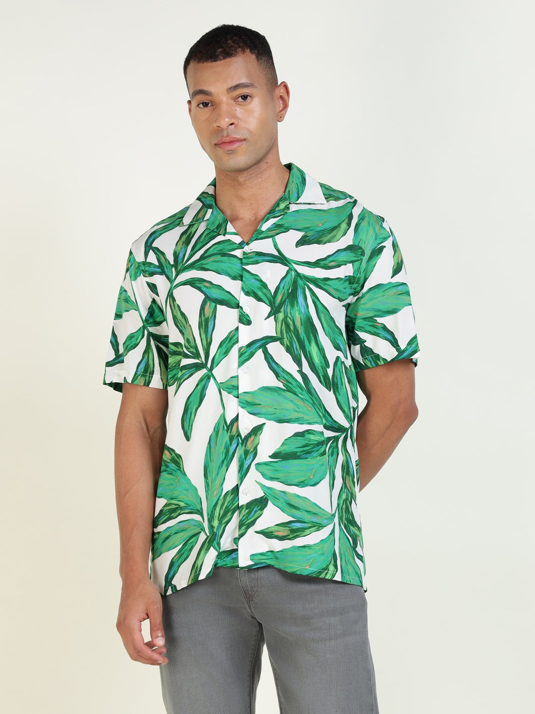 Hancock Men White & Green Printed Viscose Rayon Relaxed Fit Casual Shirt