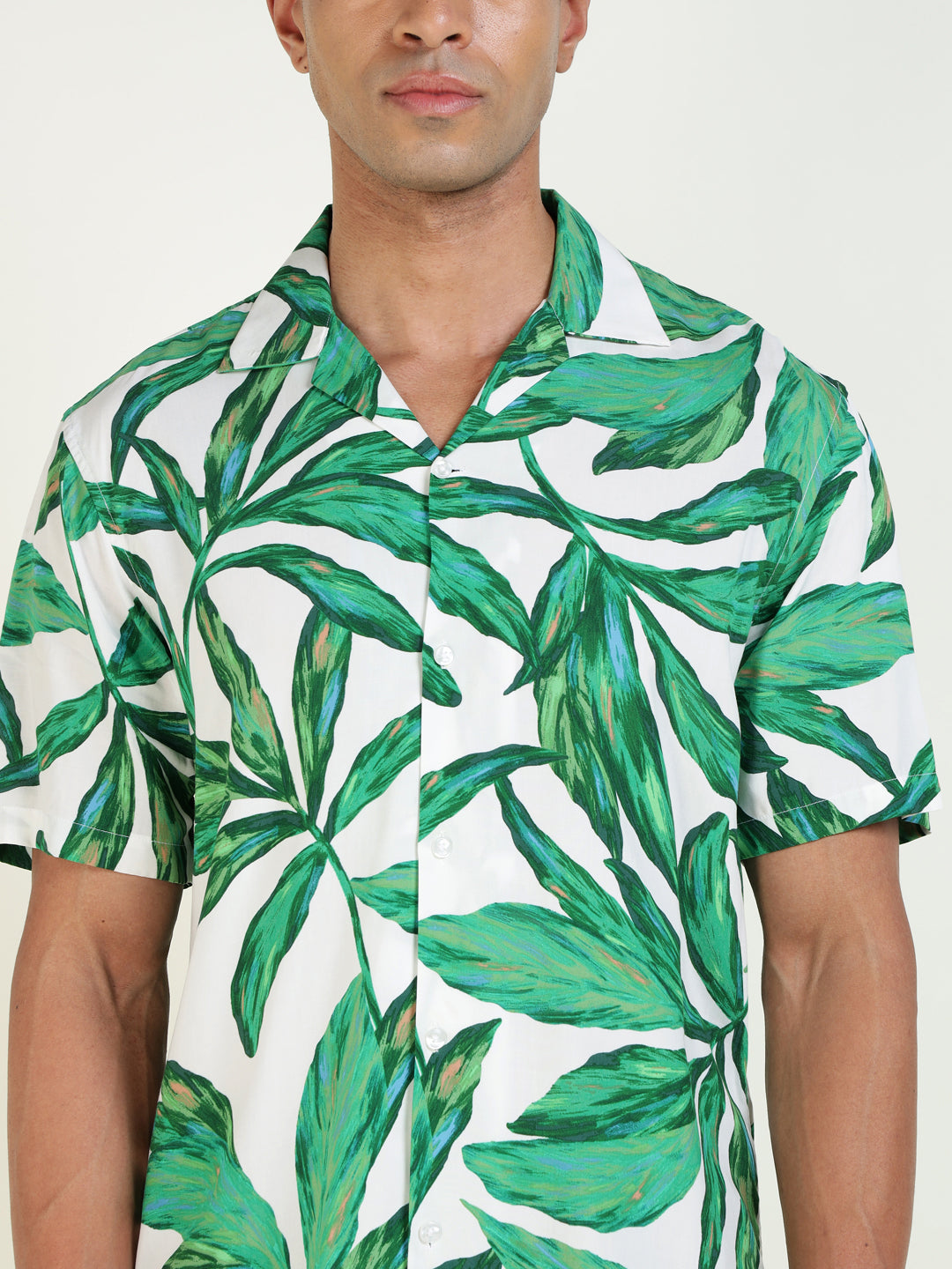 Hancock Men White & Green Printed Viscose Rayon Relaxed Fit Casual Shirt