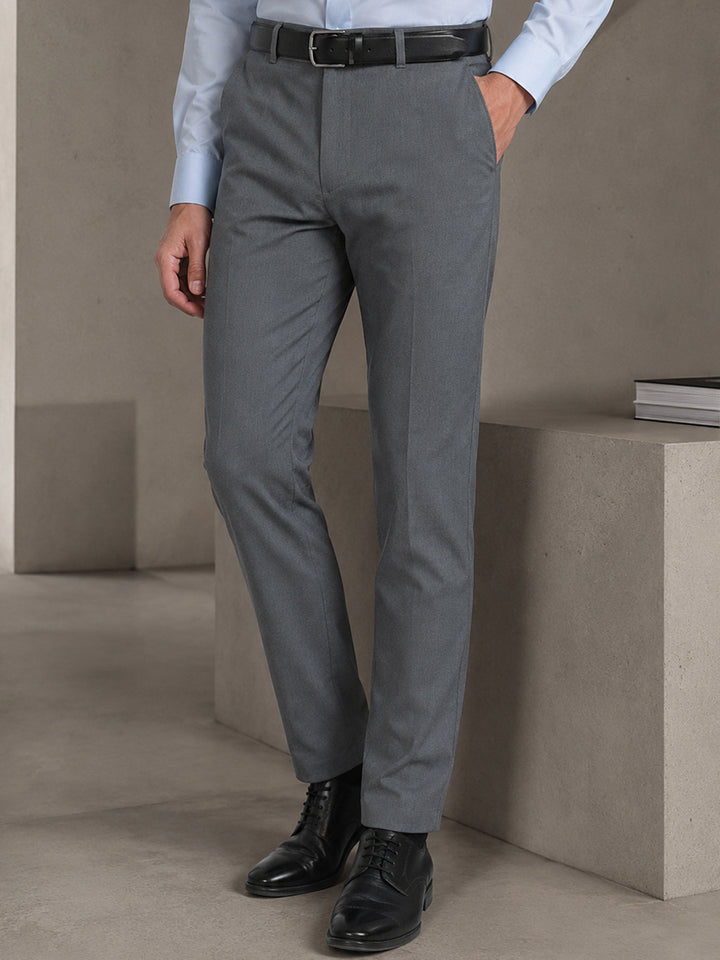 Men Bluish Grey Solid Cotton Elastene Slim Fit Formal Trouser
