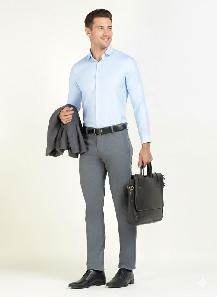Men Bluish Grey Solid Cotton Elastene Slim Fit Formal Trouser