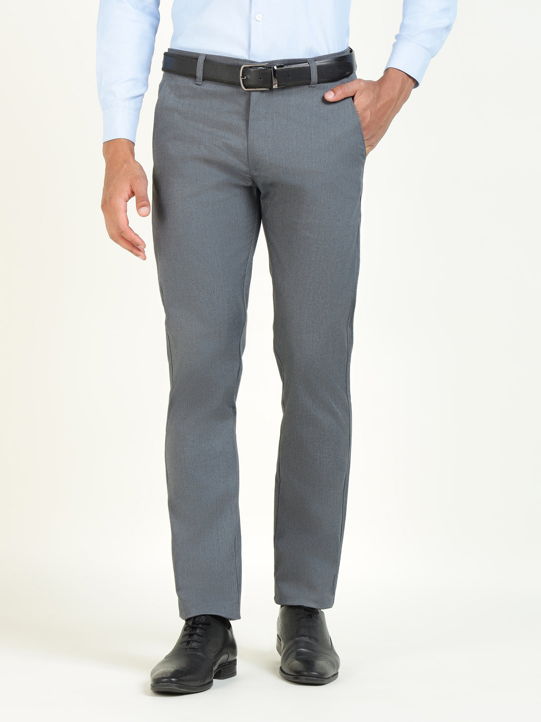 Men Bluish Grey Solid Cotton Elastene Slim Fit Formal Trouser