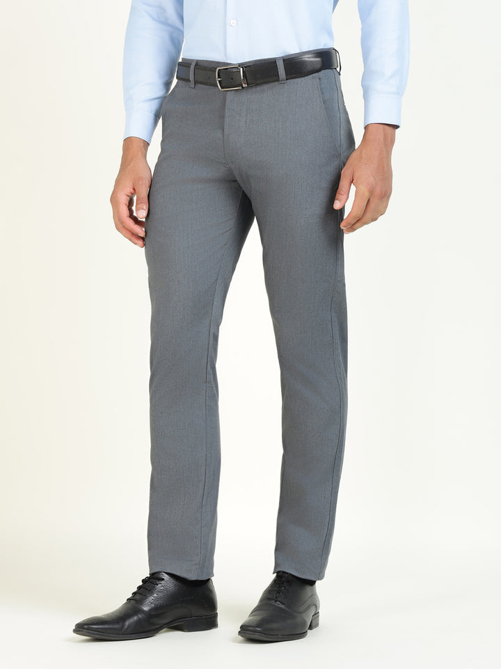 Men Bluish Grey Solid Cotton Elastene Slim Fit Formal Trouser