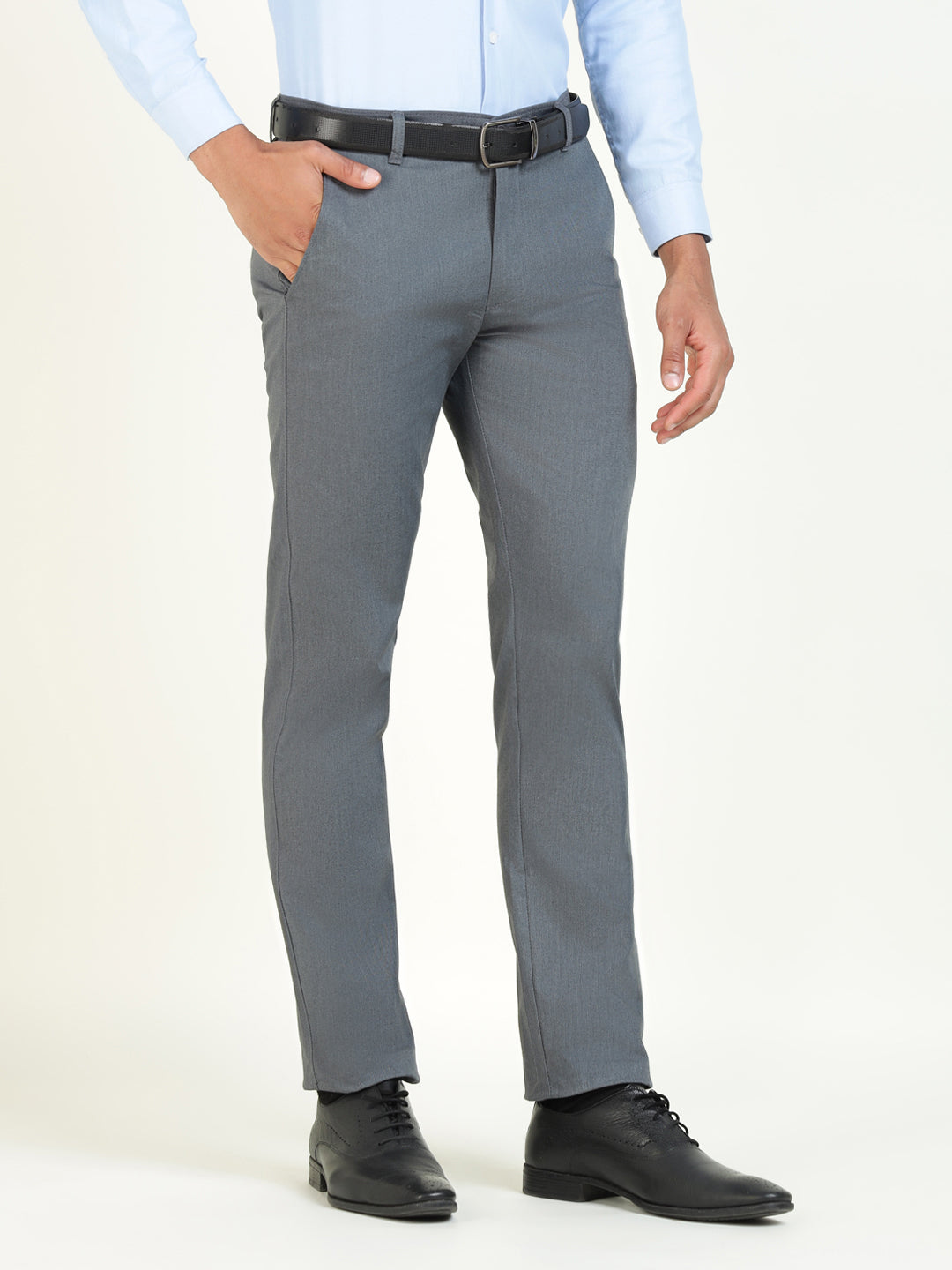 Men Bluish Grey Solid Cotton Elastene Slim Fit Formal Trouser